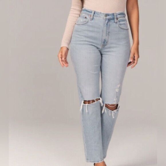 Abercrombie & Fitch Ankle Straight Ultra High-Rise Curve Love Distressed Jeans - Picture 1 of 8